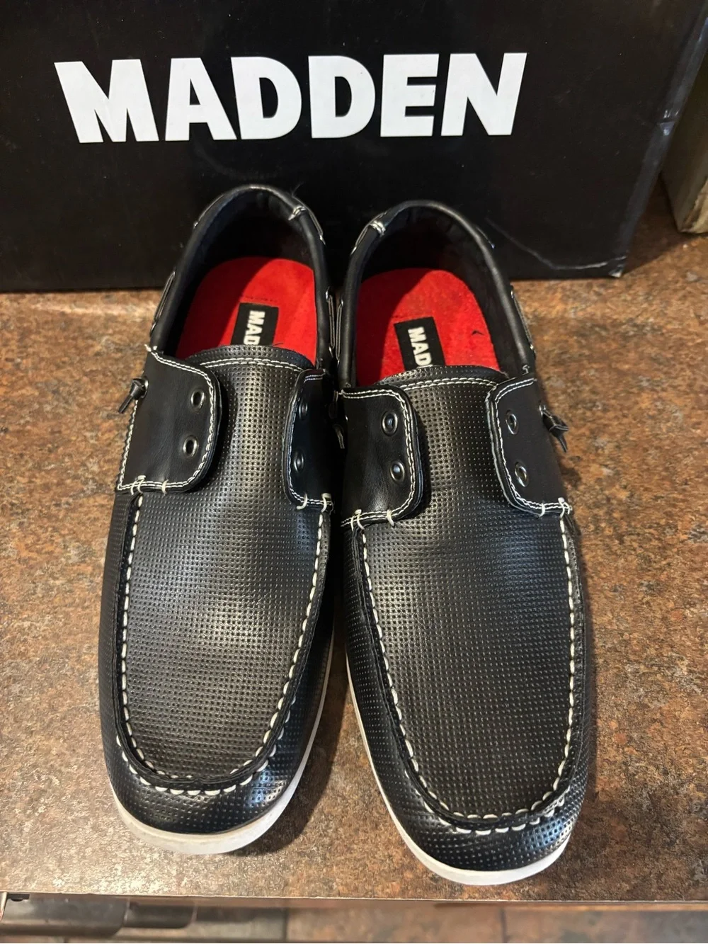 Steve Madden Men's Black Boat Shoes with White Sole